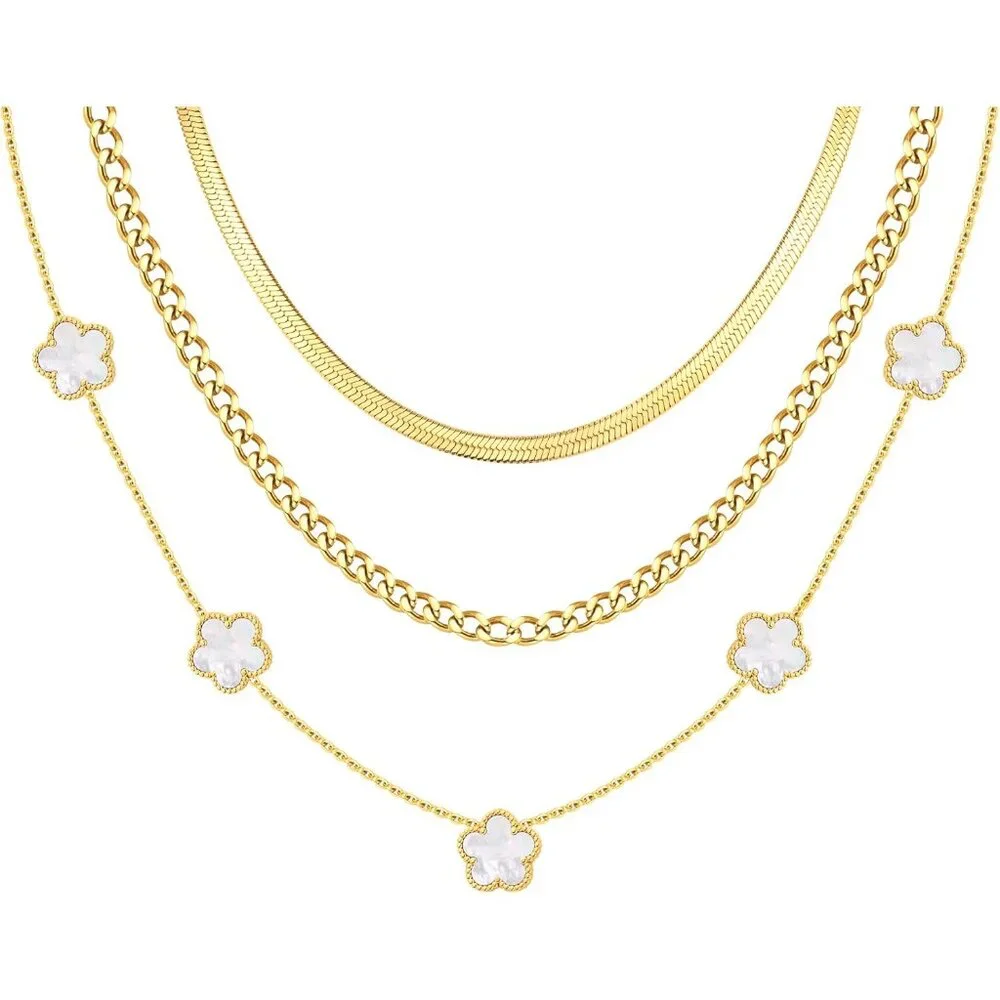 Gold Layered Necklace for Women - 3Pcs 18K Gold Plated Floral Necklaces, Stainle